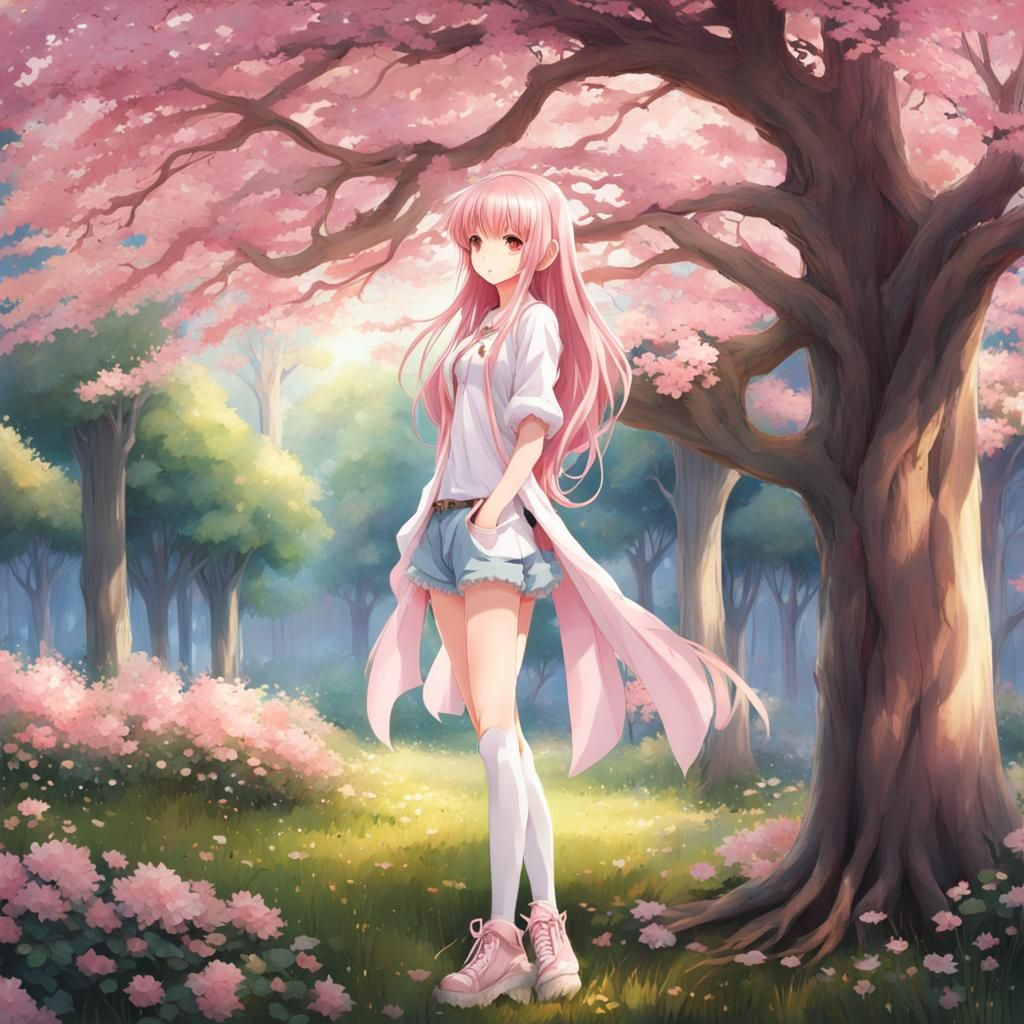 Adorable Anime Girl with Pink Hair in School