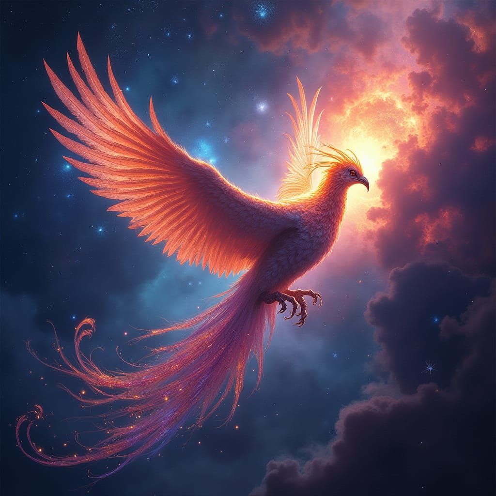 Cosmic Phoenix Rising from Supernova in Surrealist Style