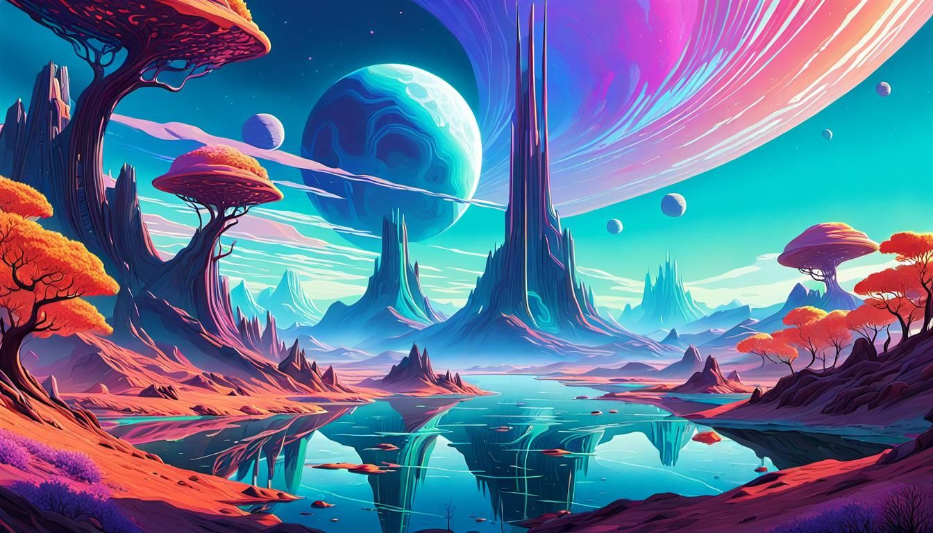 Exoplanet Landscape in Anime Style with Iridescent Colors