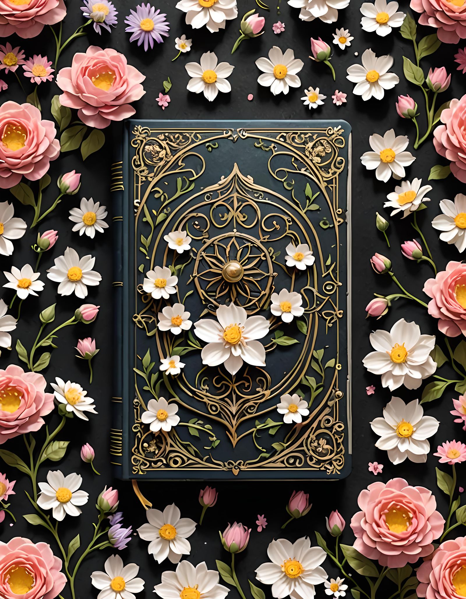 Fantasy Spellbook Surrounded by Blossoming Flowers