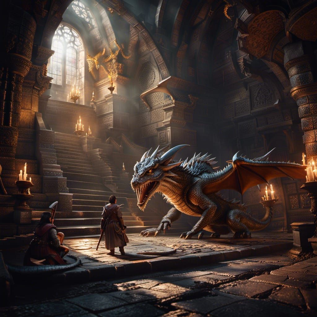 Hyperrealistic Dragon Guarding Dungeon in 16k