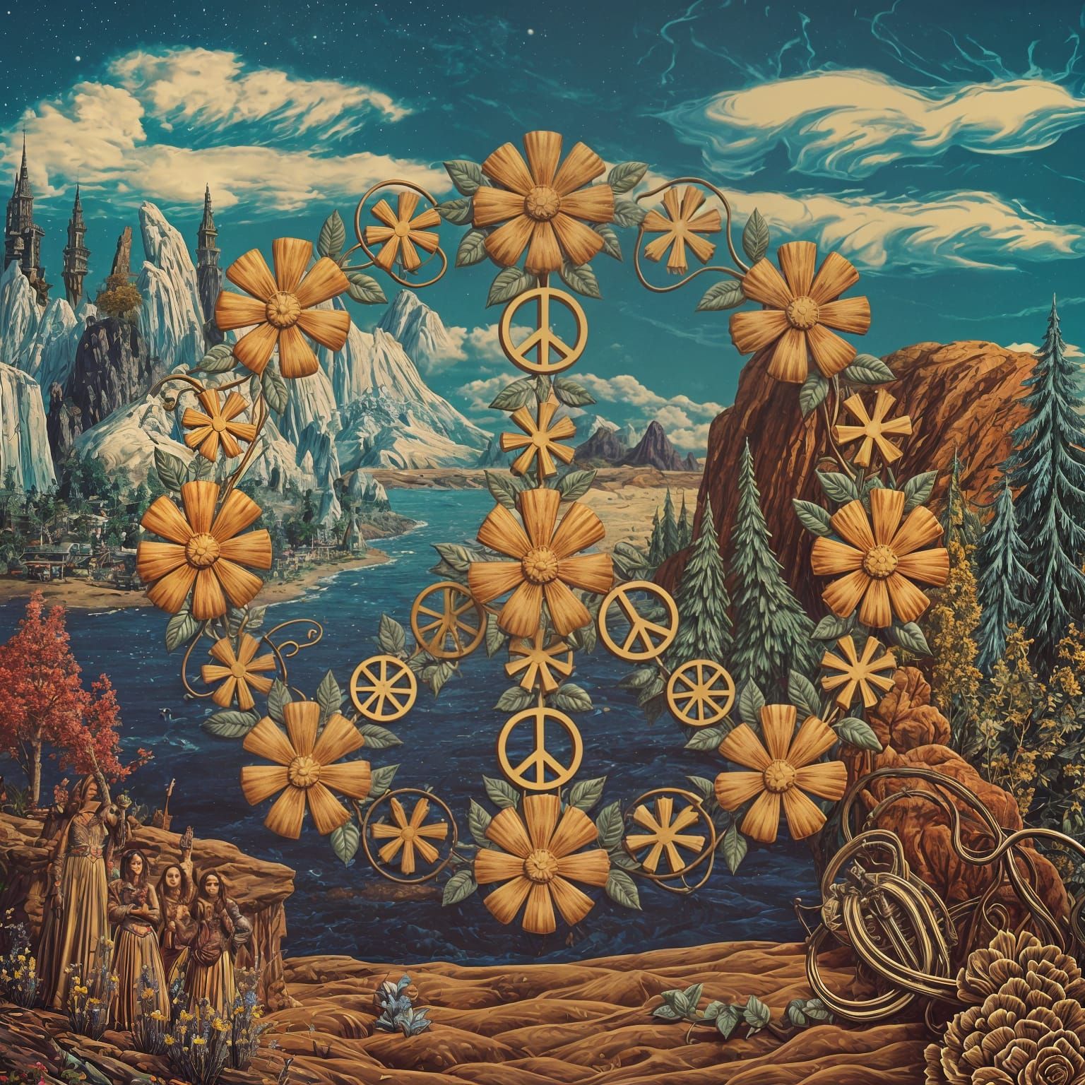 Fantasy Landscape with Retro PEACE Logo