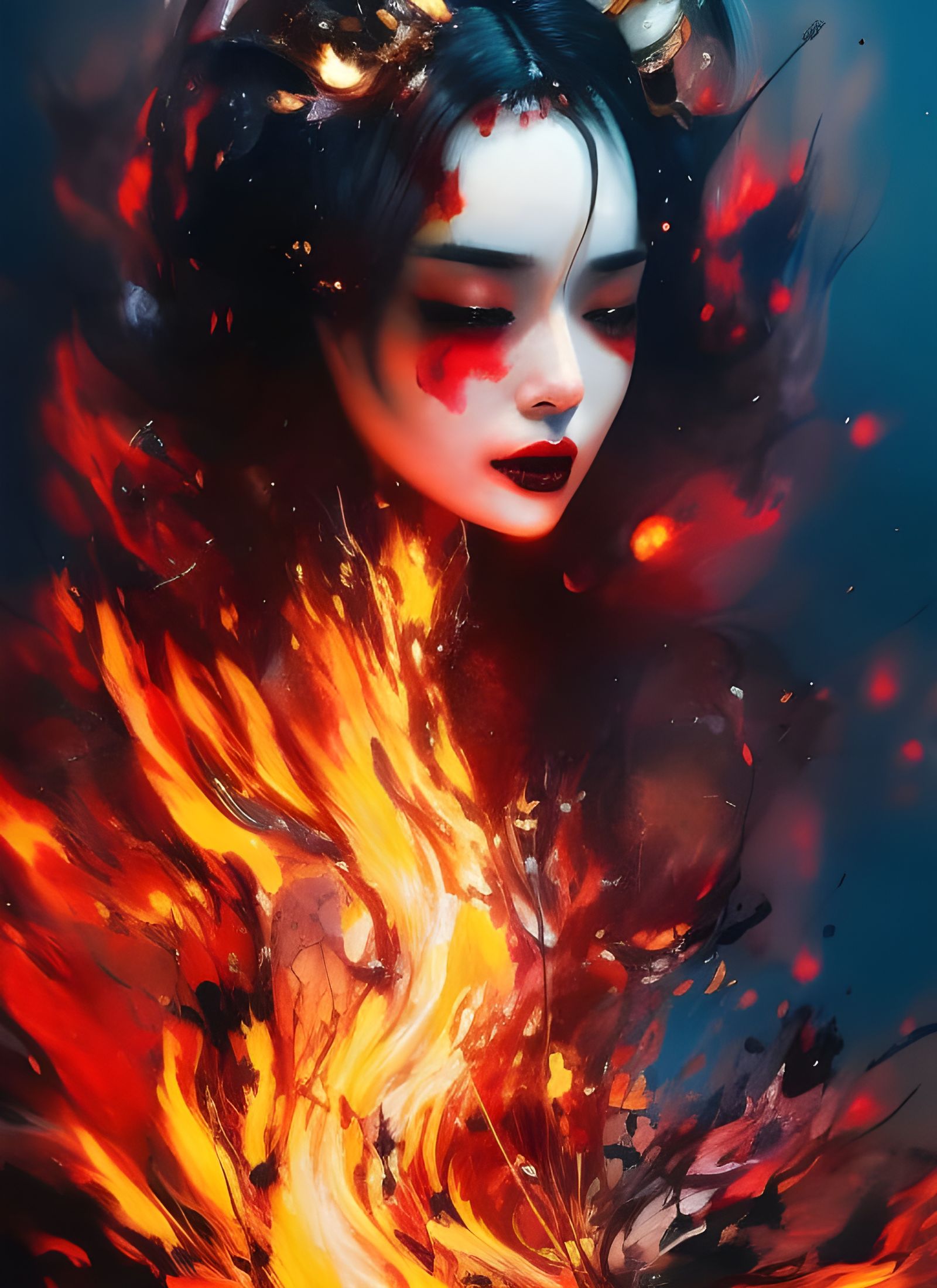 Fiery Portrait: Girl Burning in Hell, Gouache Art