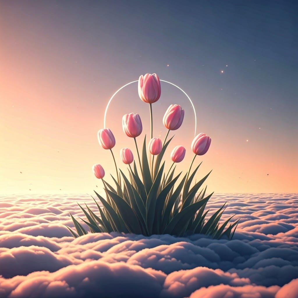 Violin Void Amidst Tulip Clouds: Dreamlike Art