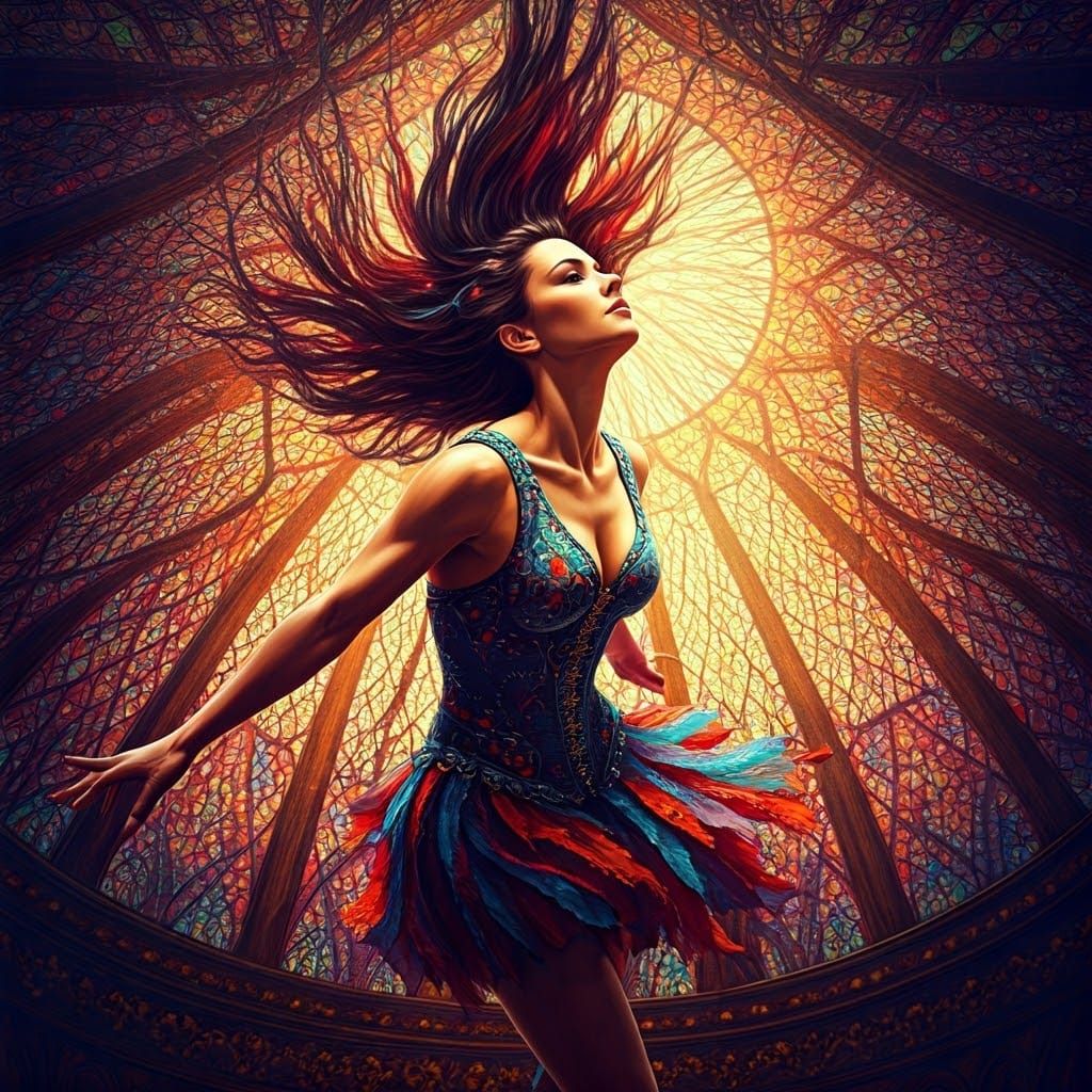 Stained Glass Circus: Trapeze Artist in Motion