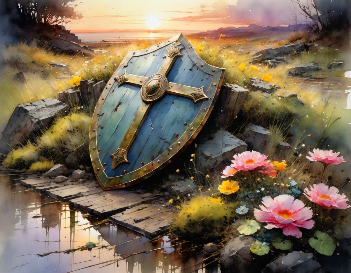 Watercolor of Forgotten Roman Shield in Vibrant Sunset