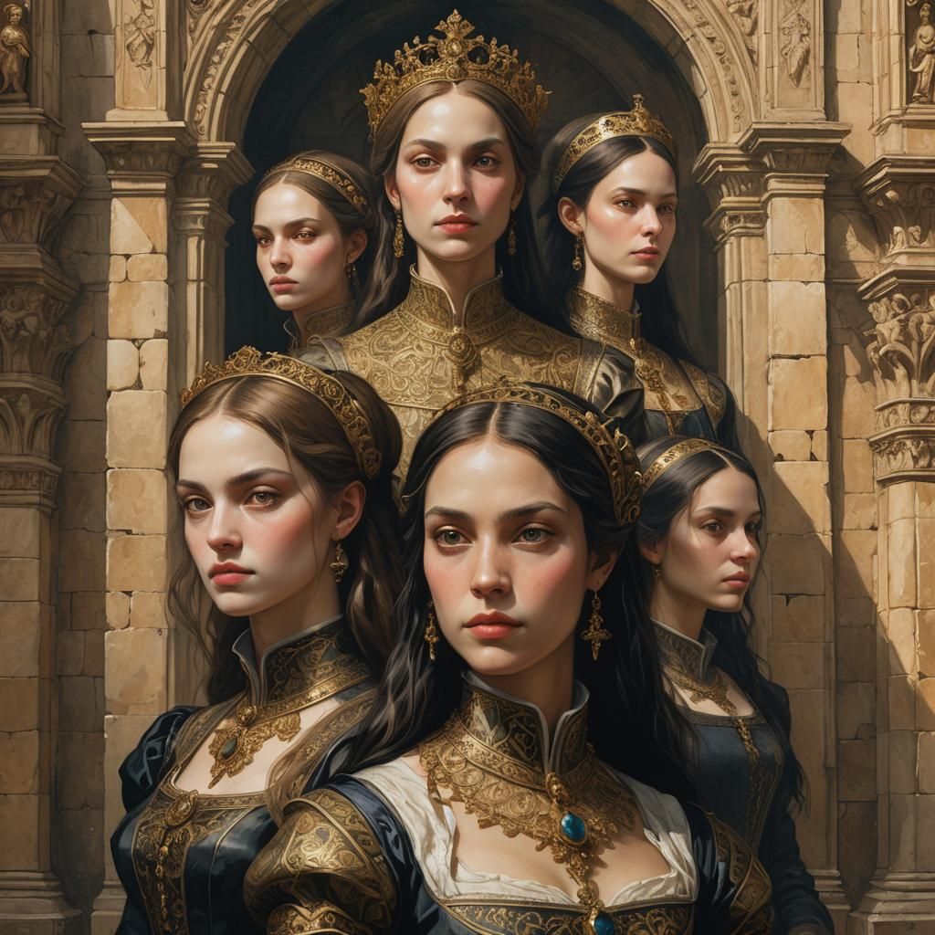 Gothic Renaissance Women in a Symbolic Palace