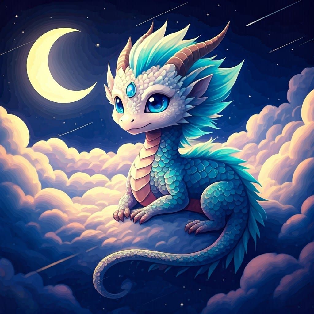 Cute Eastern-Style Anime Baby Dragon Under Starry Night