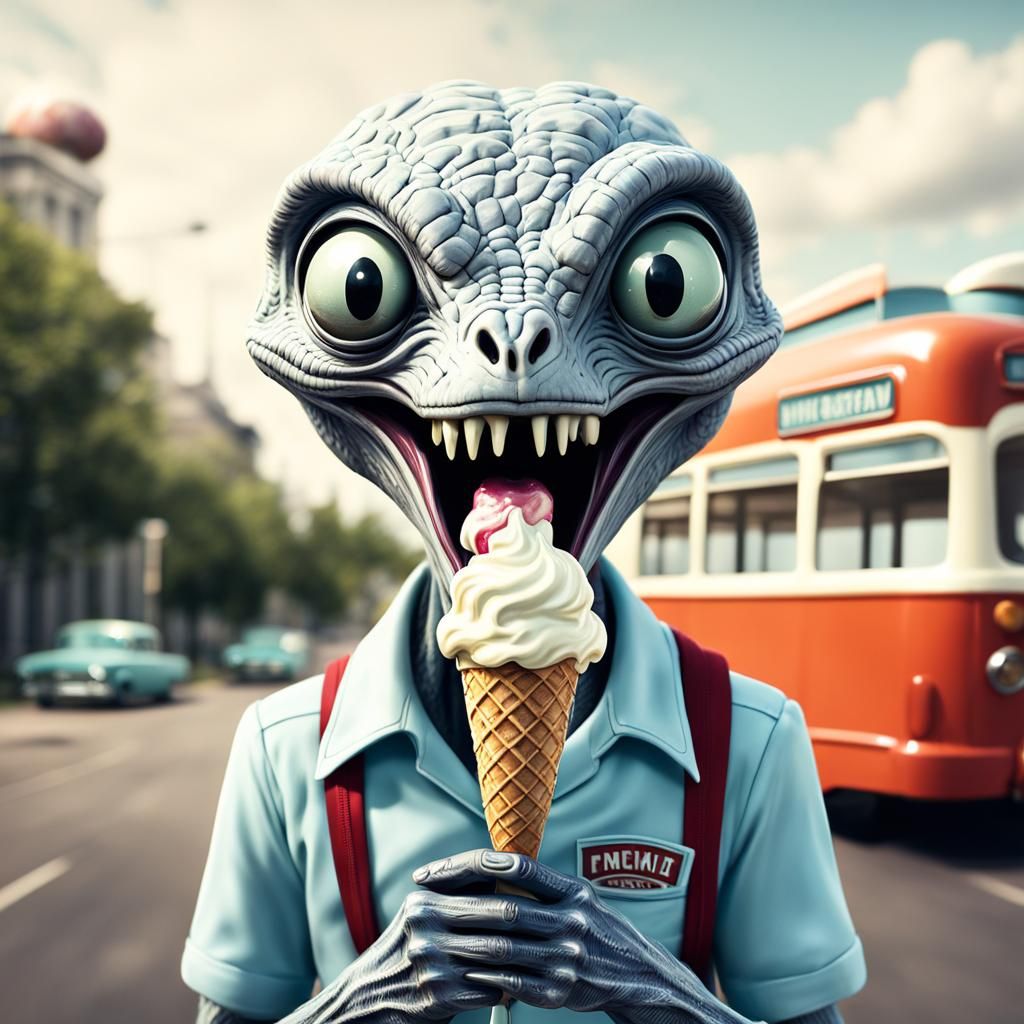 grey alien licking icecream