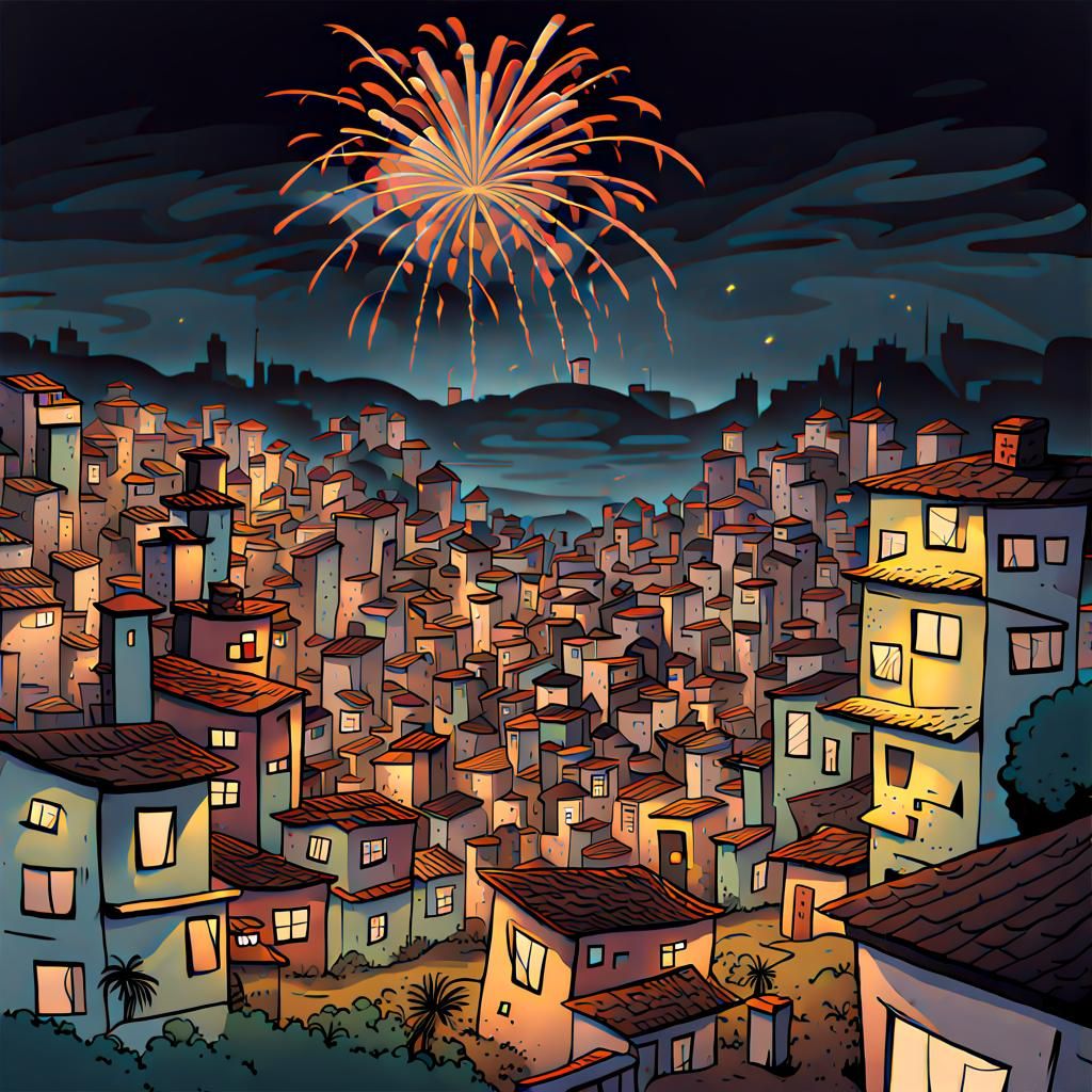 New Year's Eve Fireworks in Favela Cartoon