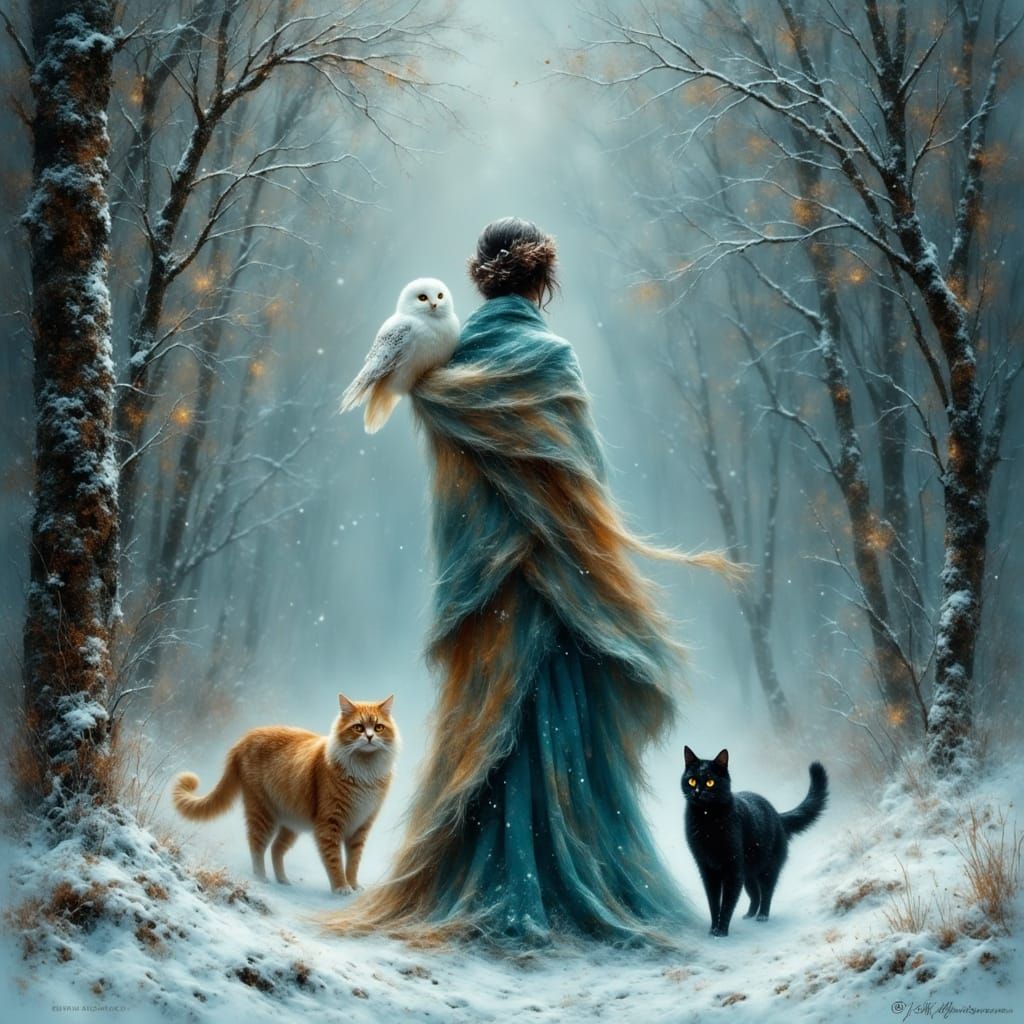 Ethereal Forest Scene with Cats and Owl