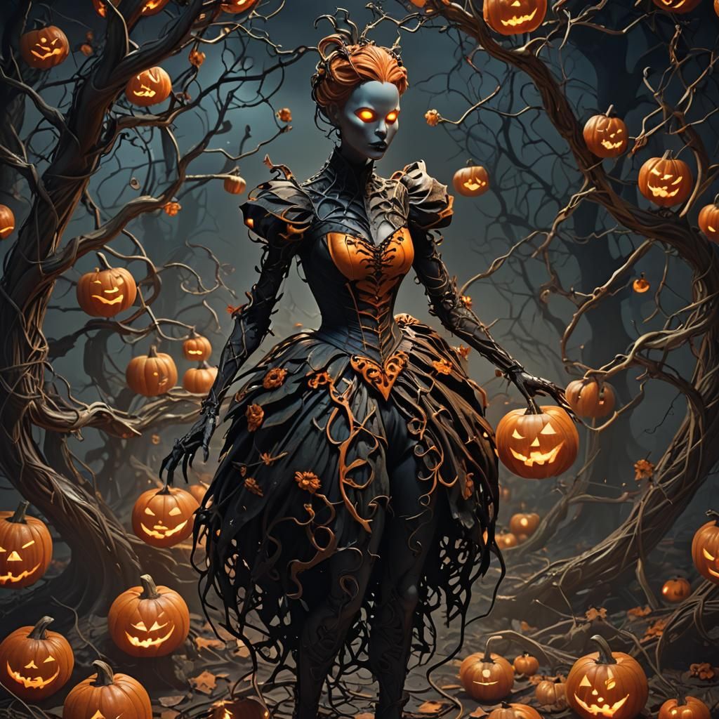 Eerie Pumpkin Dress on Mannequin, Dark Fantasy Art