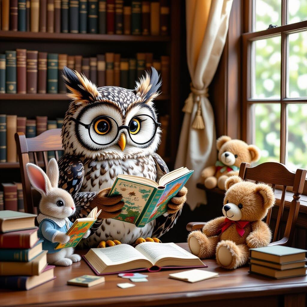 Whimsical Library Scene with Owl and Friends