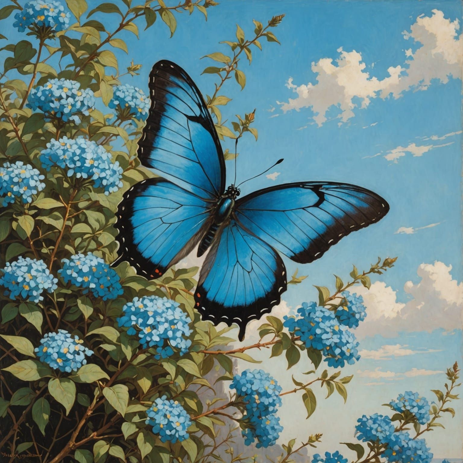 Cerulean Butterfly with Flowers in Waterhouse Style