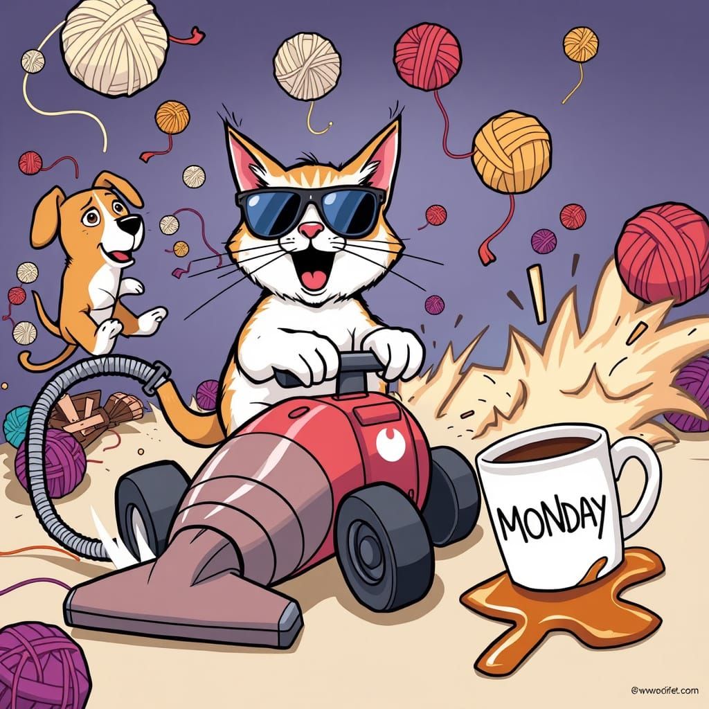 Cartoon Cat Rides Vacuum in Chaotic Meme Scene