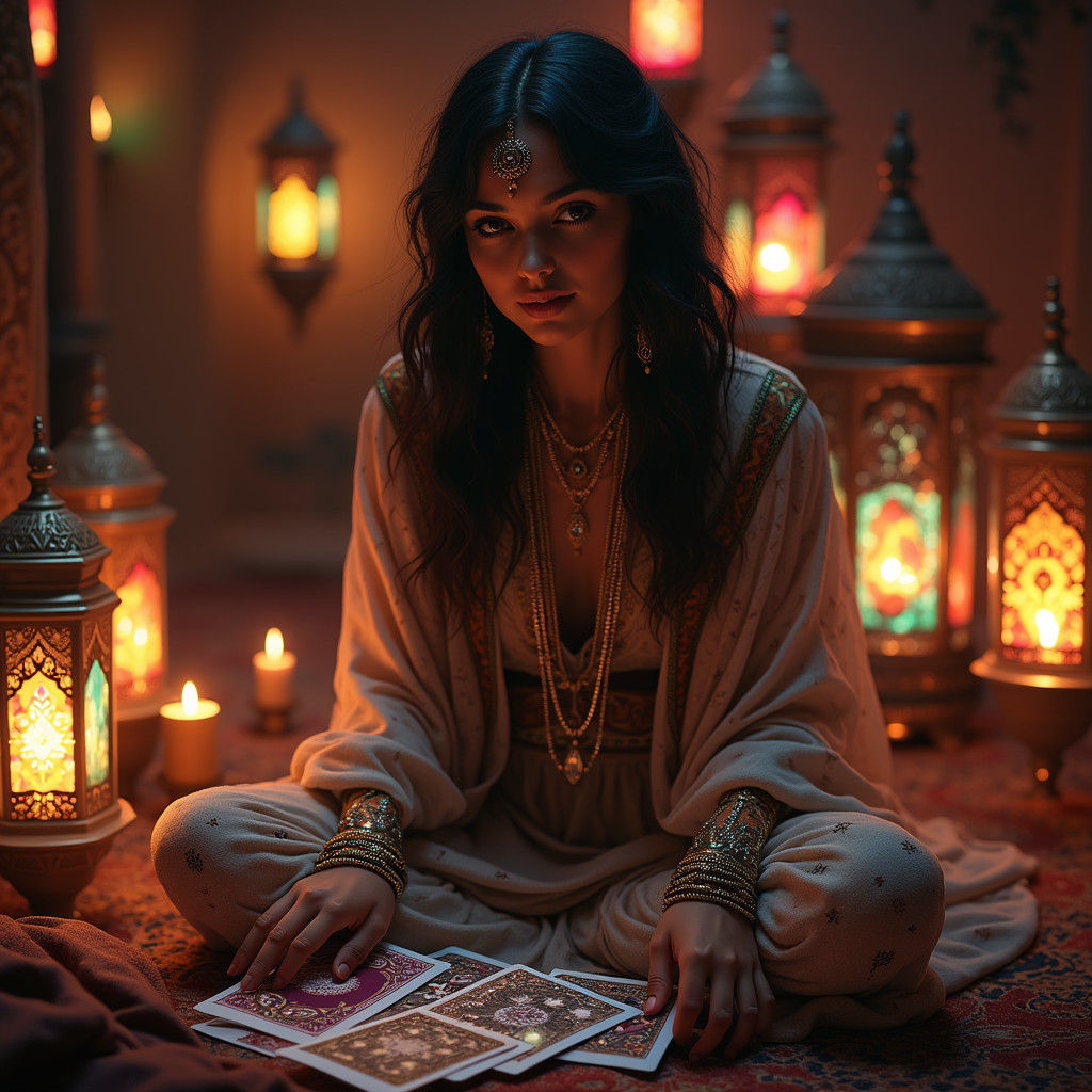 Mystical Gypsy Tarot Reader in Matte Painting Style