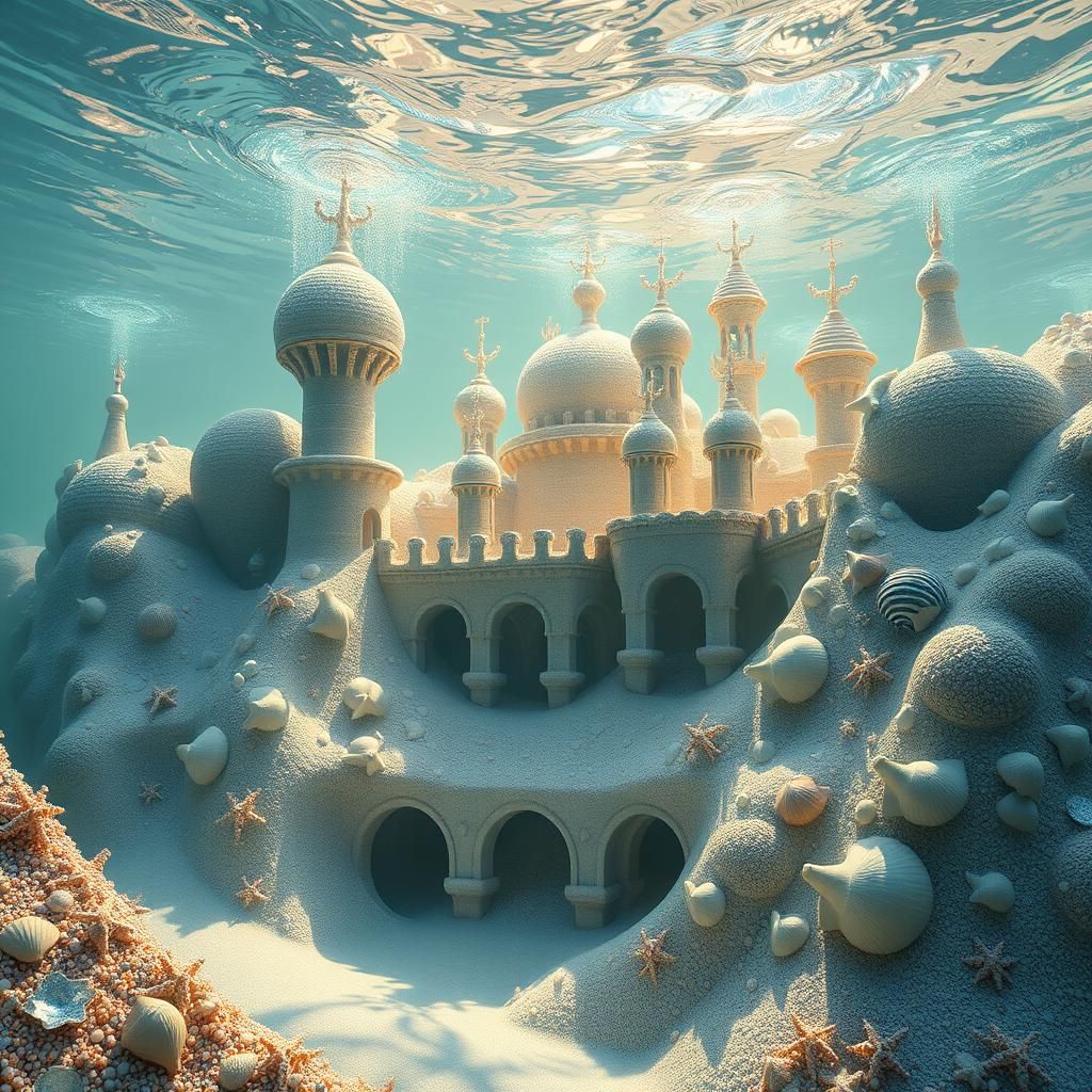 An underwater modern palace built from shimmering sand and s...