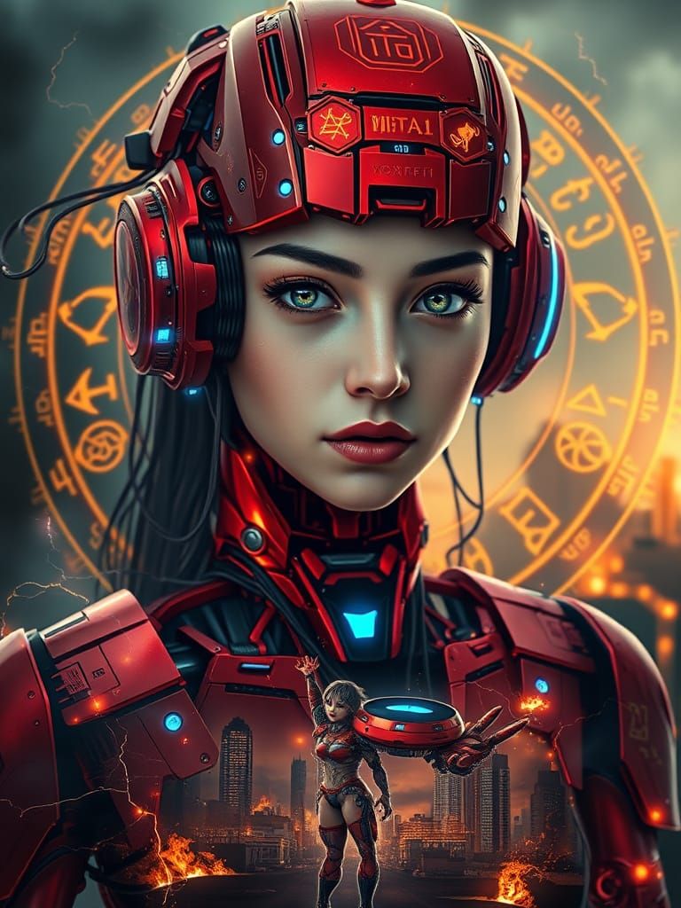 Mecha Girl Portrait with Neon Lines and Fiery Cityscape