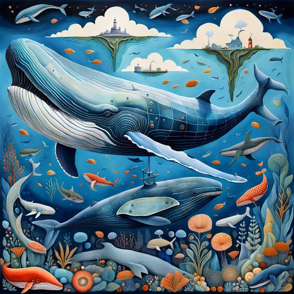 Surreal Blue Whale Dream: A Gouache Painting