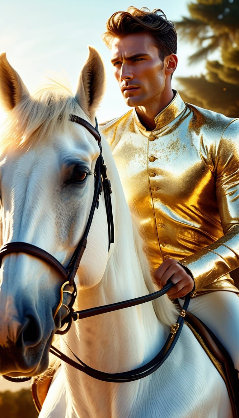 Handsome Man Rides White Horse in Digital Art