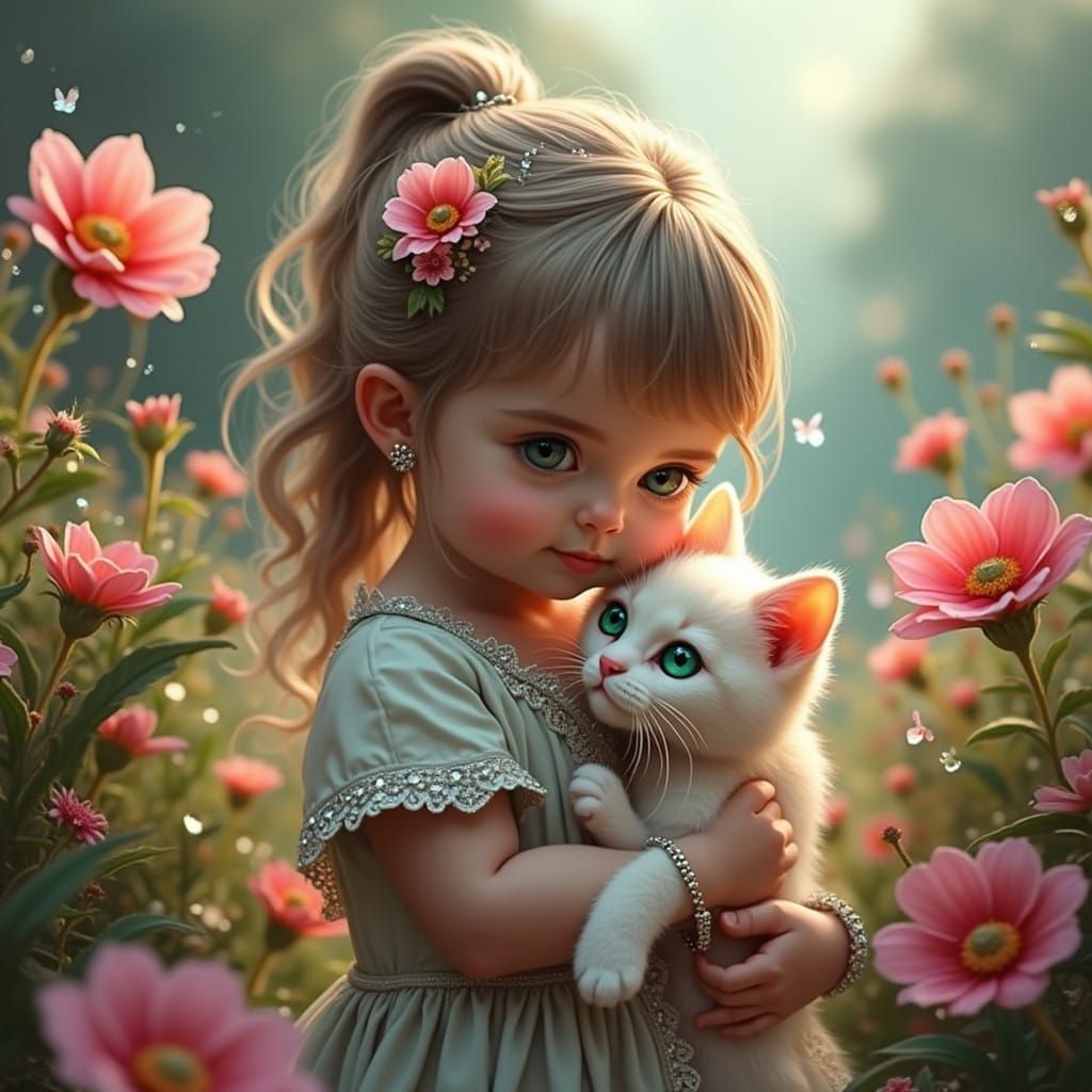 Whimsical Fantasy Portrait of a Baby Girl with a Majestic Ca...