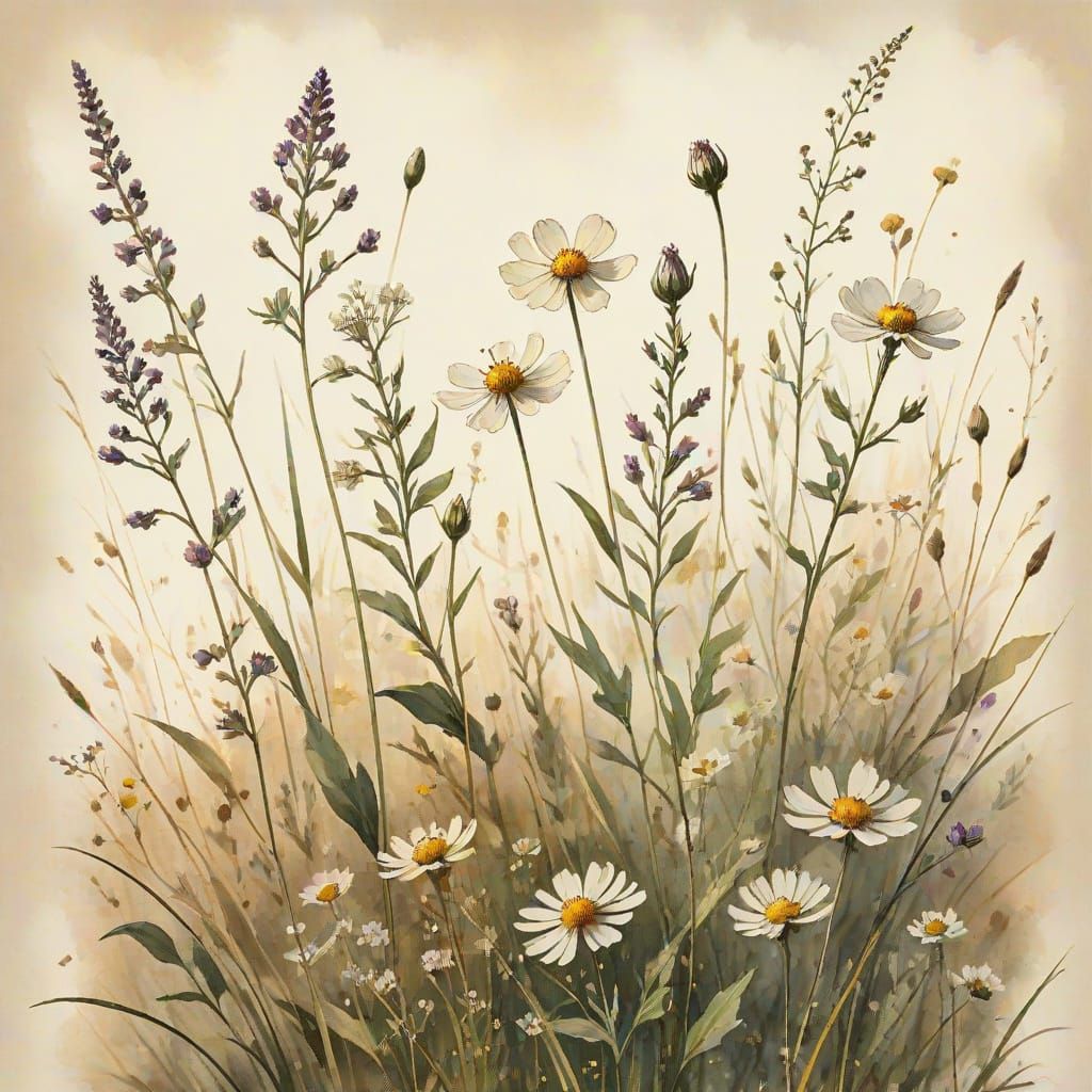 Vintage Botanical Illustration: Wildflowers in Meadow