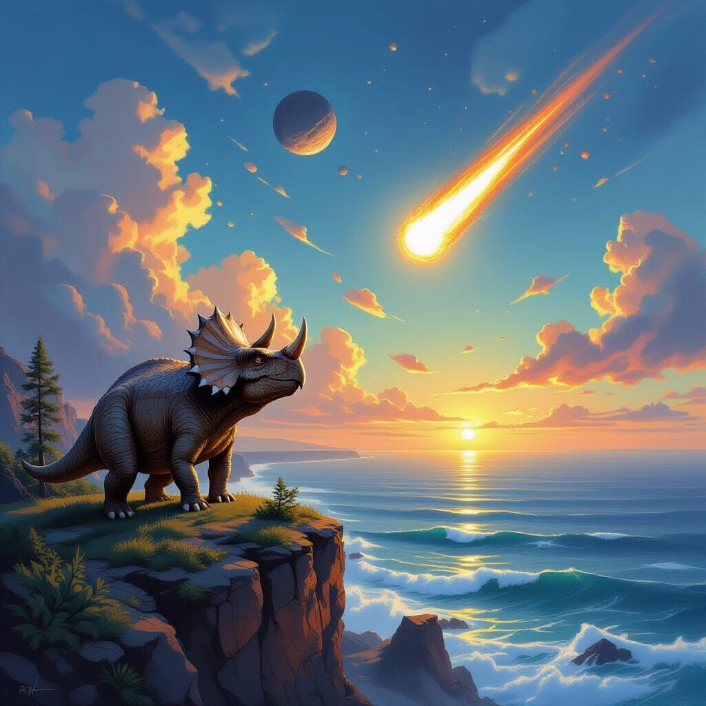 Triceratops Witnessing Meteor Strike: Fantasy Oil Painting