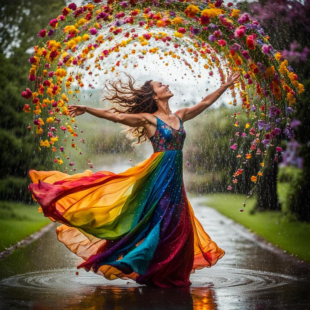 Woman Dancing in Rainy Flower Garden, Ethereal Lighting