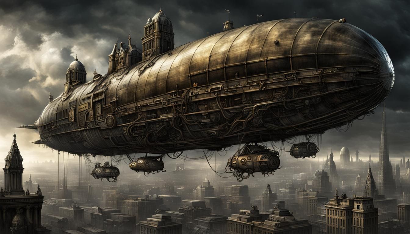 Steampunk Biomechanical Blimp Over Dark City