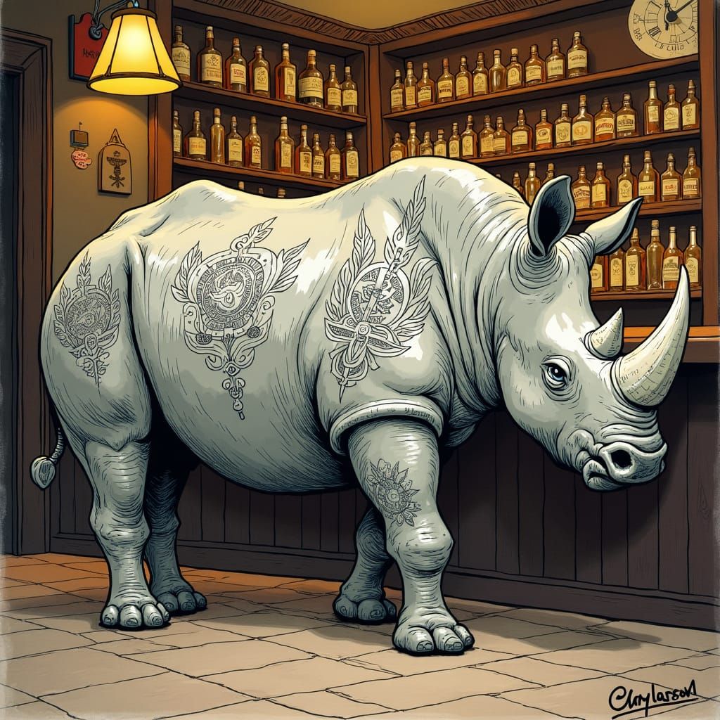 Rhino with Tattoos in Pub, Cartoon Style