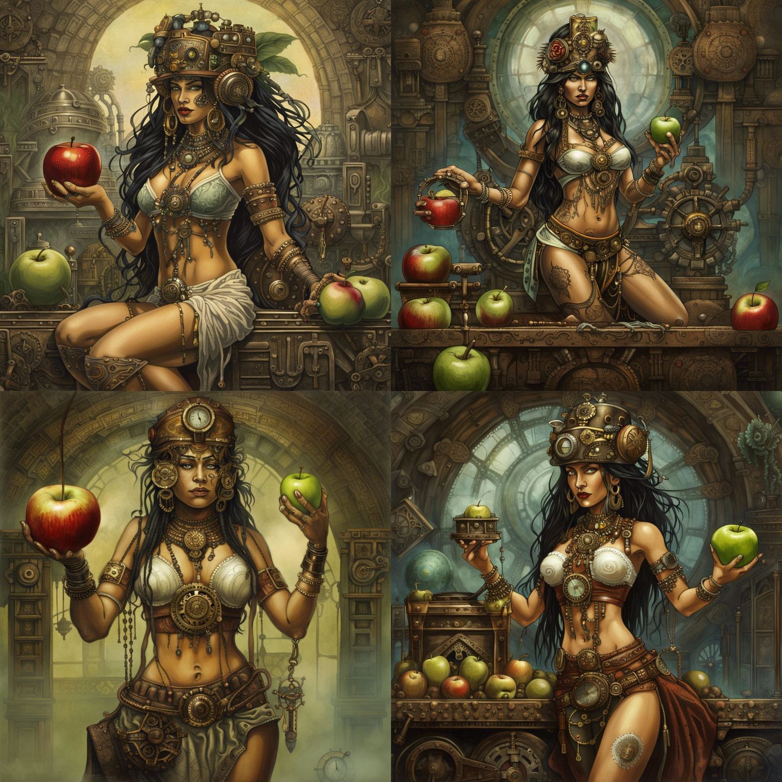 Mayan Priestess Sacrificing Apple with Steampunk Engine