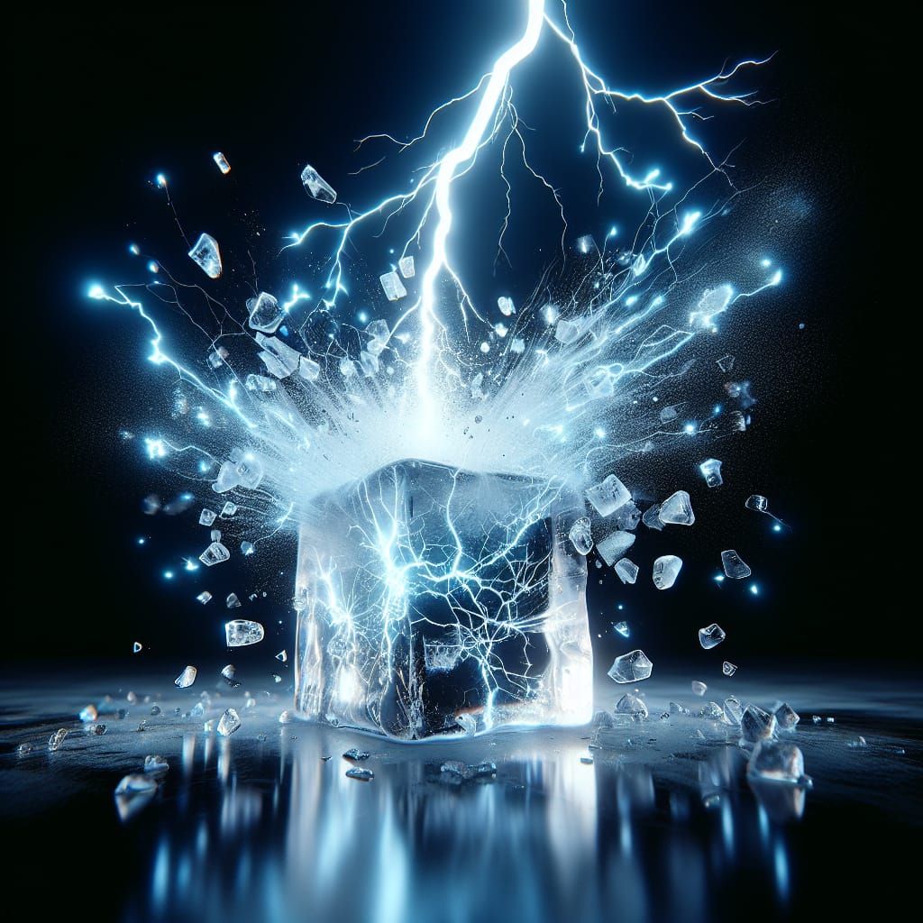 Lightning strikes a clear ice cube. Bioluminescent, The ice cube explodes, Ultra HD 8K