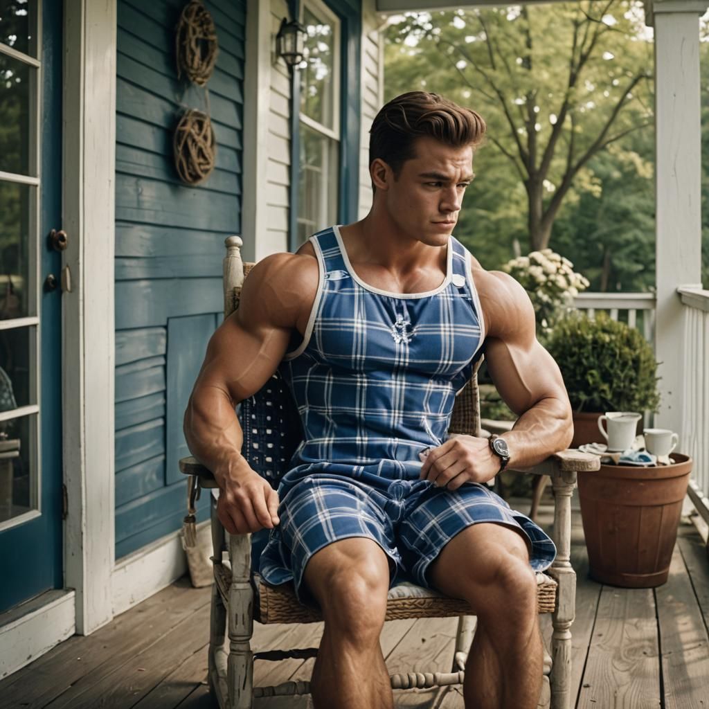 Bodybuilder in Babydoll Dress Embroidering on Porch