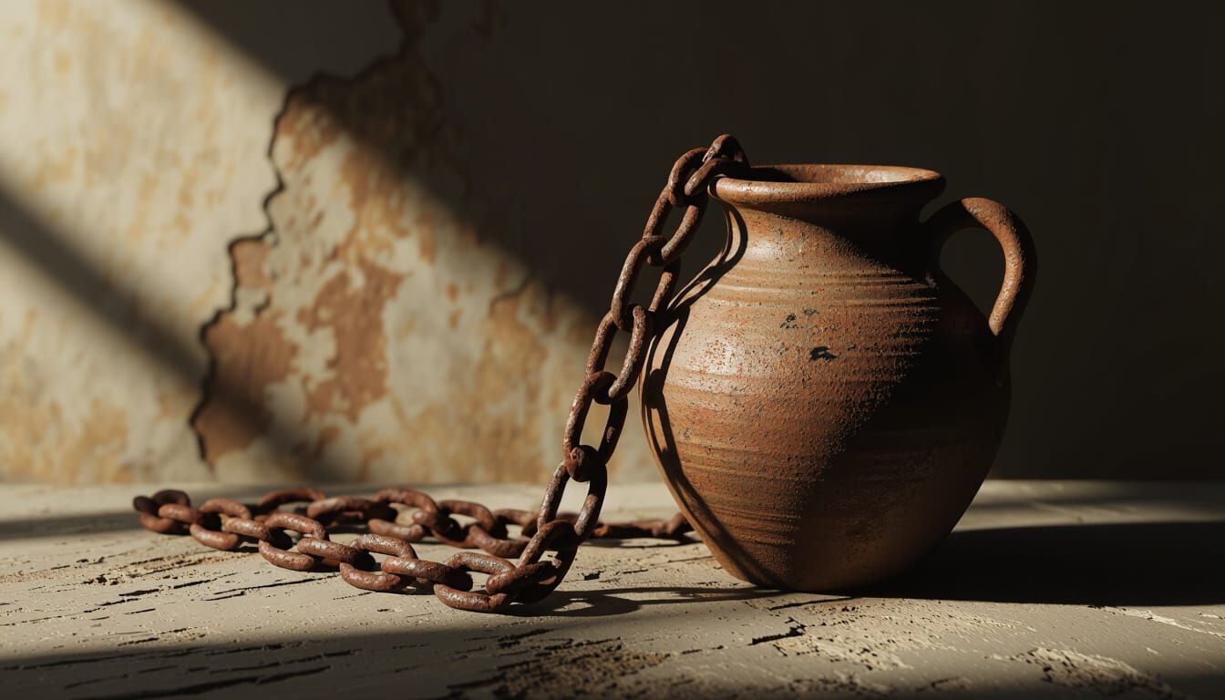 Oppression: Iron Chain and Milk Pot in Dark Surrealism