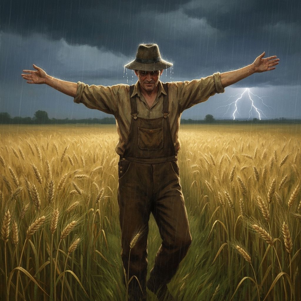 Farmer Dancing in Wheat Field Under Stormy Sky