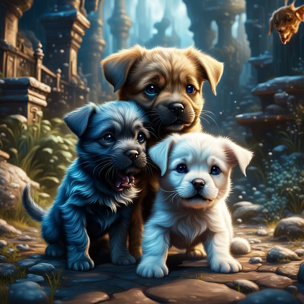 Kitten and Puppy Play in Detailed Matte Painting
