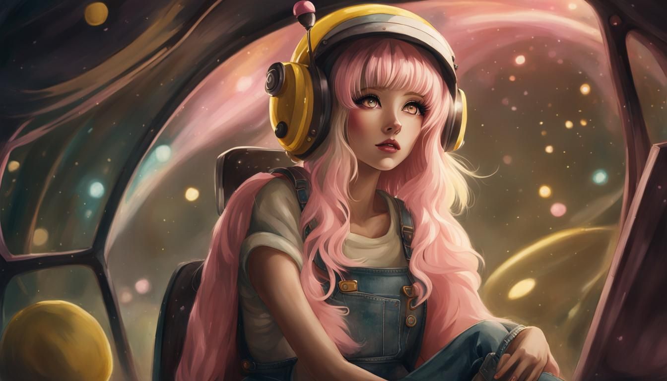 Surreal Anime Woman in Naive Style Spaceship