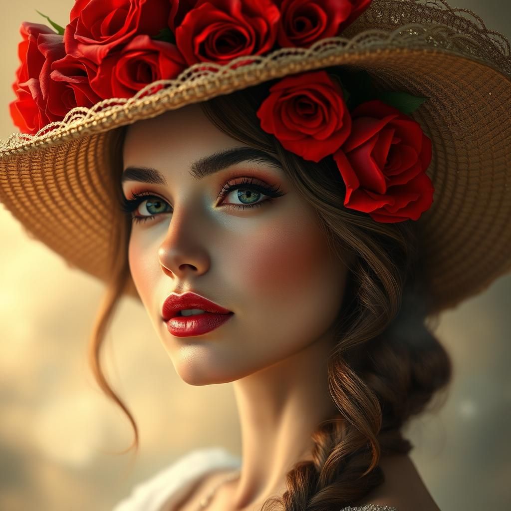 "realistic painting of a woman in a hat with roses,close-up ...