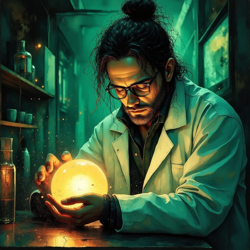 Biopunk Medic Examines Glowing Organ in Oil Painting