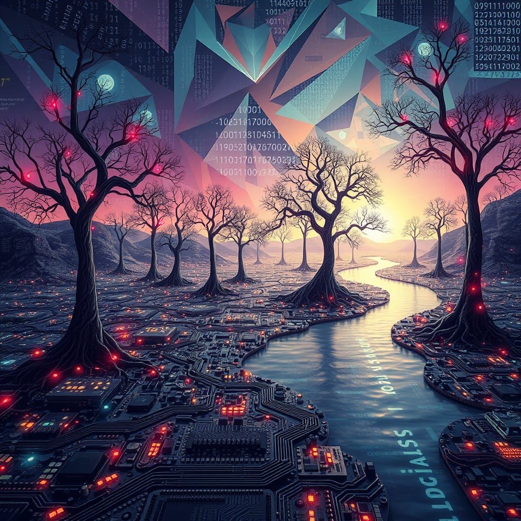 Surreal Circuit Board Landscape With Data River