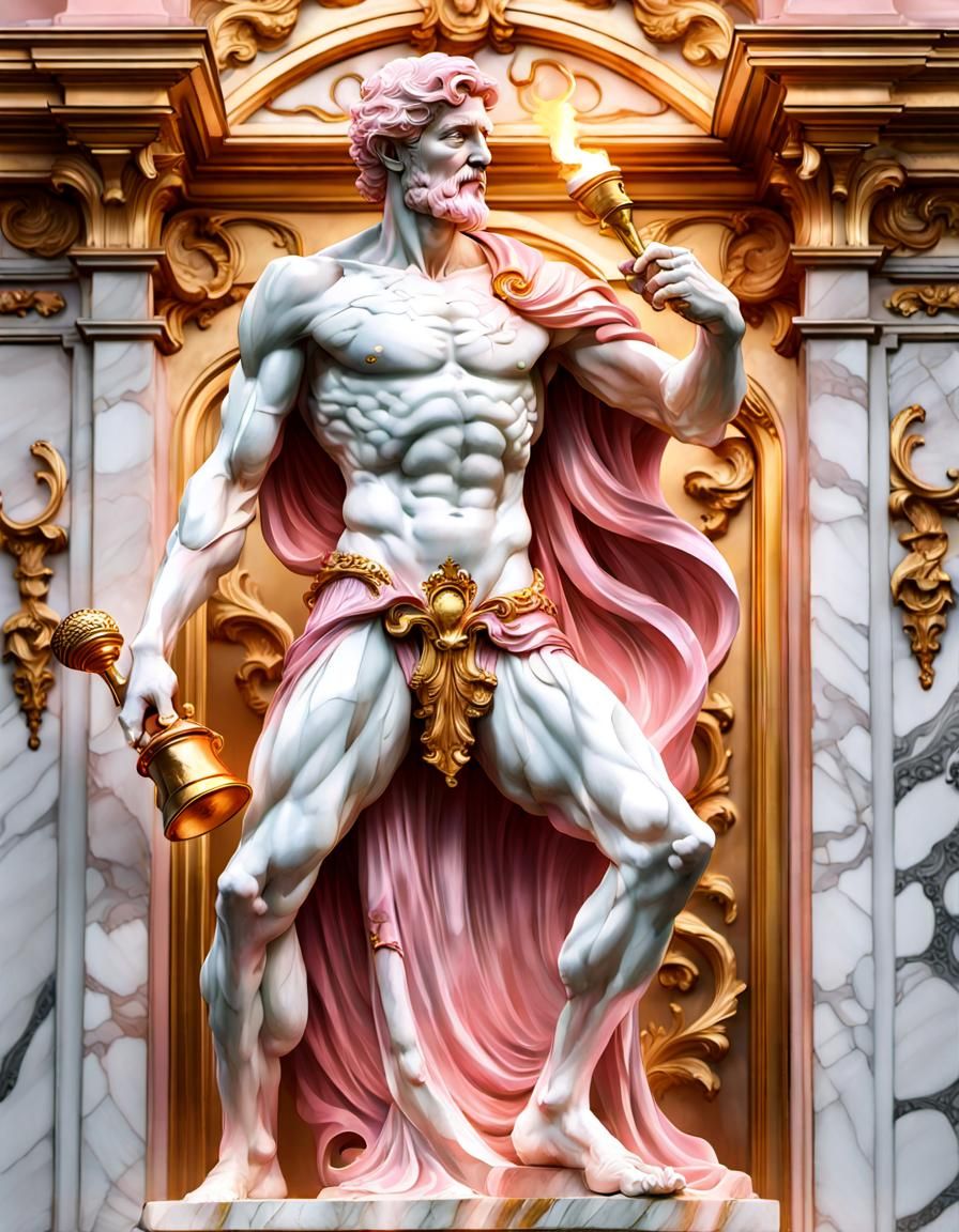 Pink Marble Man with Golden Torch, Art Nouveau