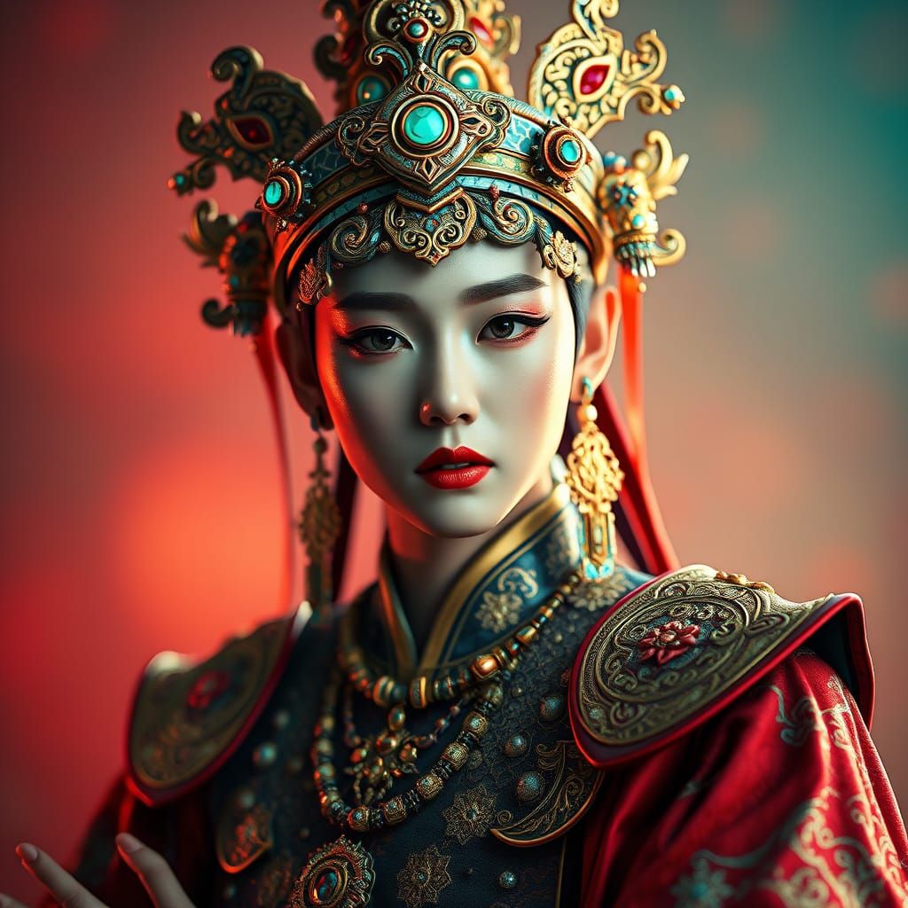 Dramatic K-Pop Idol Portrait in Vibrant, Futuristic Style