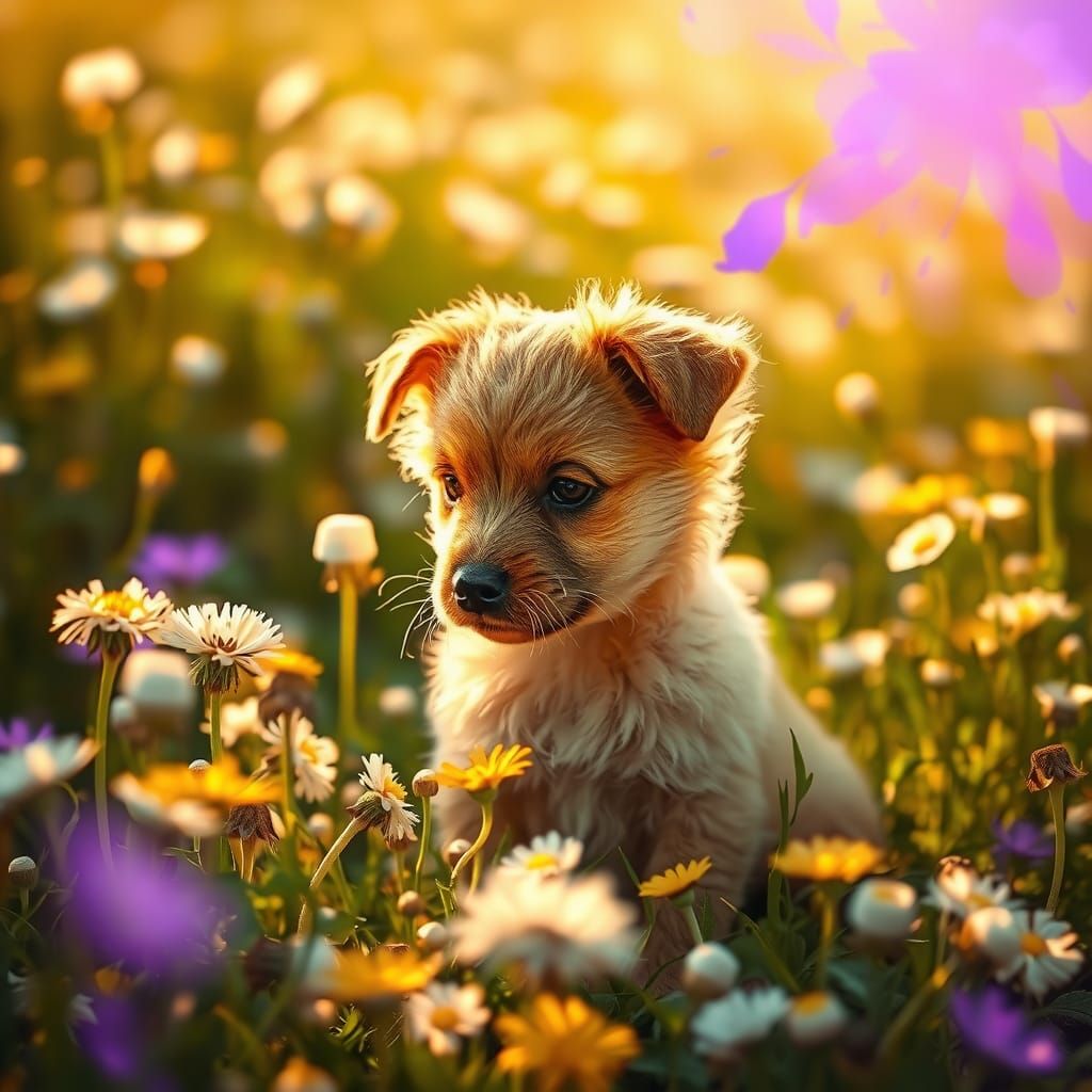 Puppy in Dandelion Field: Fantasy Concept Art
