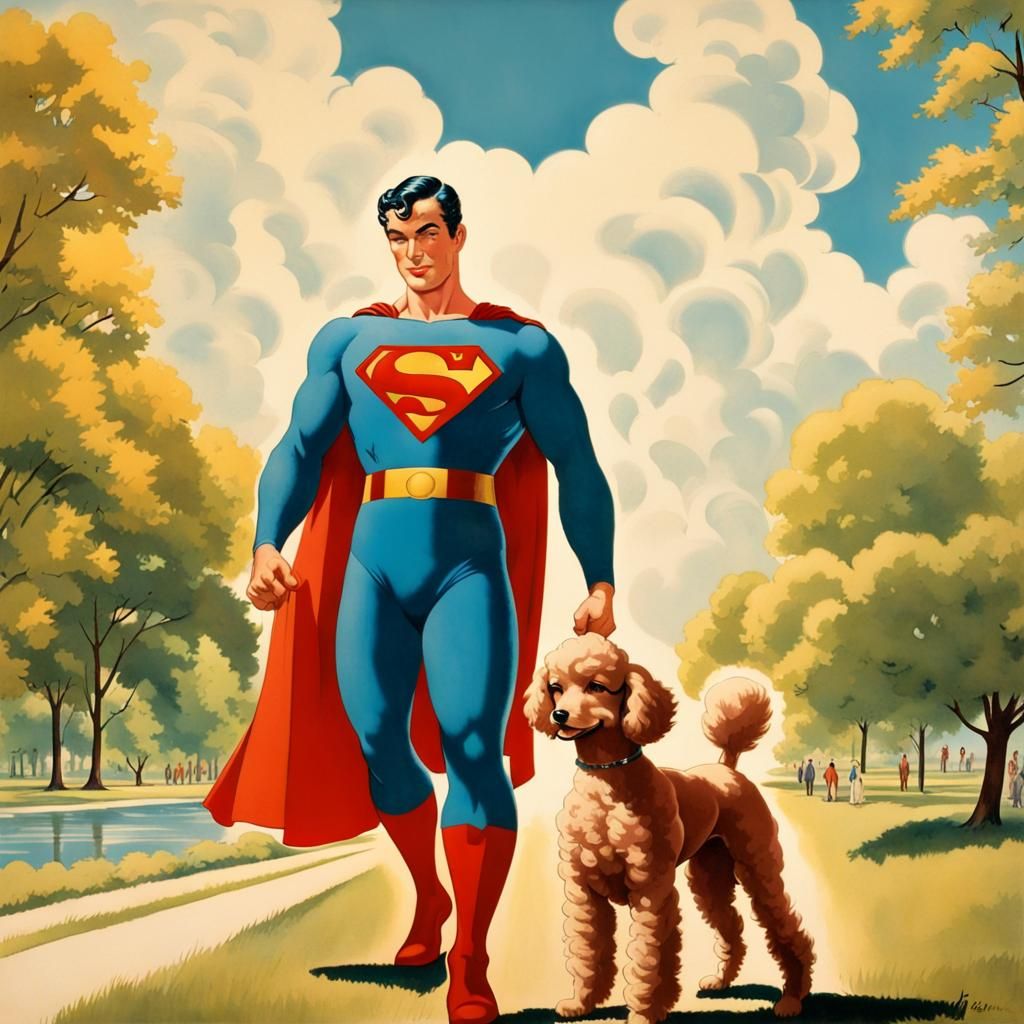 Superman on a jaunty walk with his dog