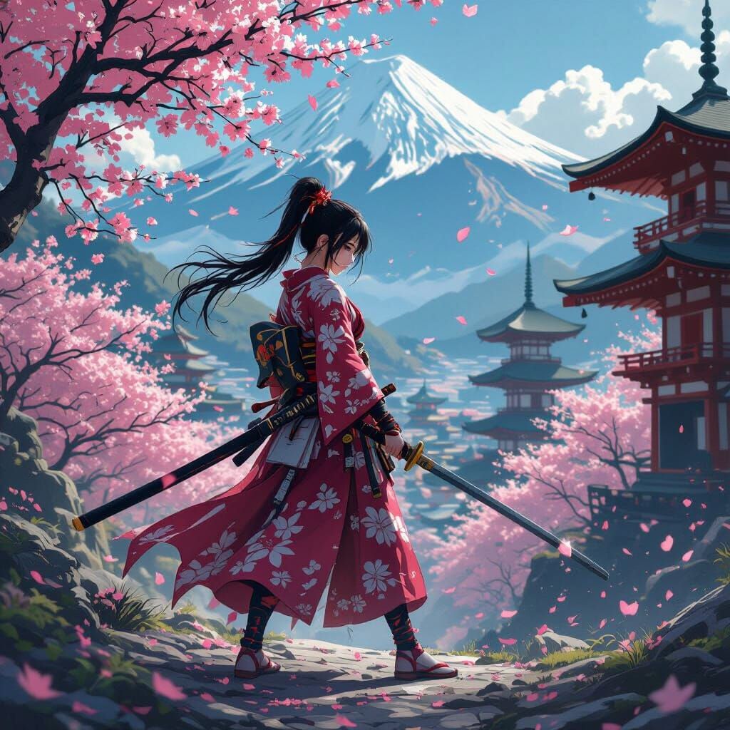 Sakura Warrior with Katana in Japanese Mountains
