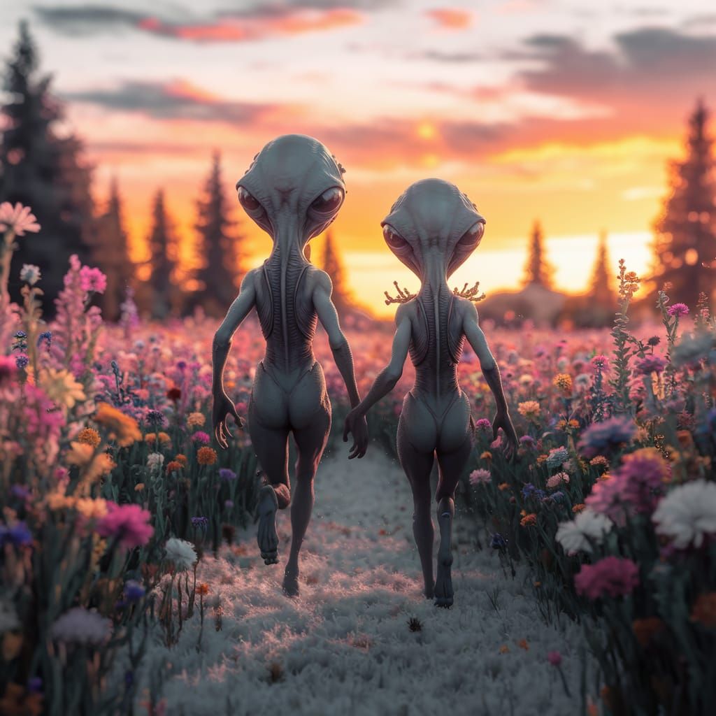 Aliens Run Through Flower Field at Sunset