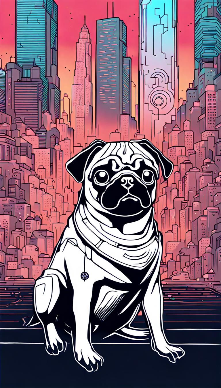 Pug in Cyberpunk City: Detailed Line Art