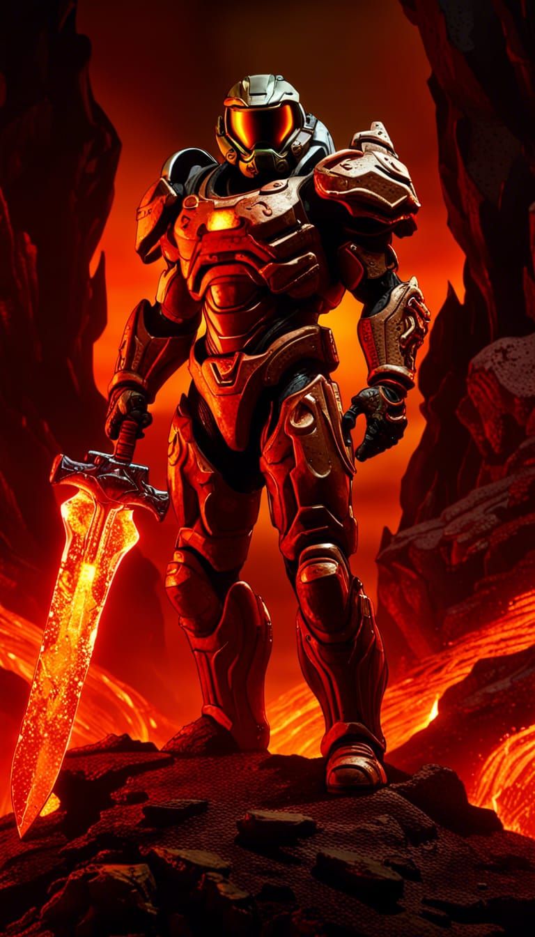 Doom Guy in Lava Landscape with Crucible Sword