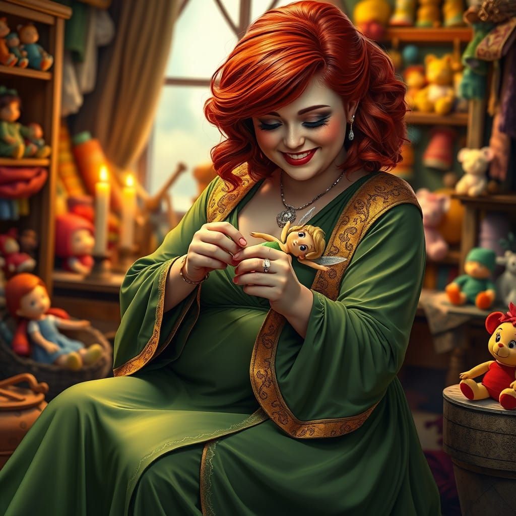 Warm Smiling Woman in Green Dress and Golden Shawl, Surround...