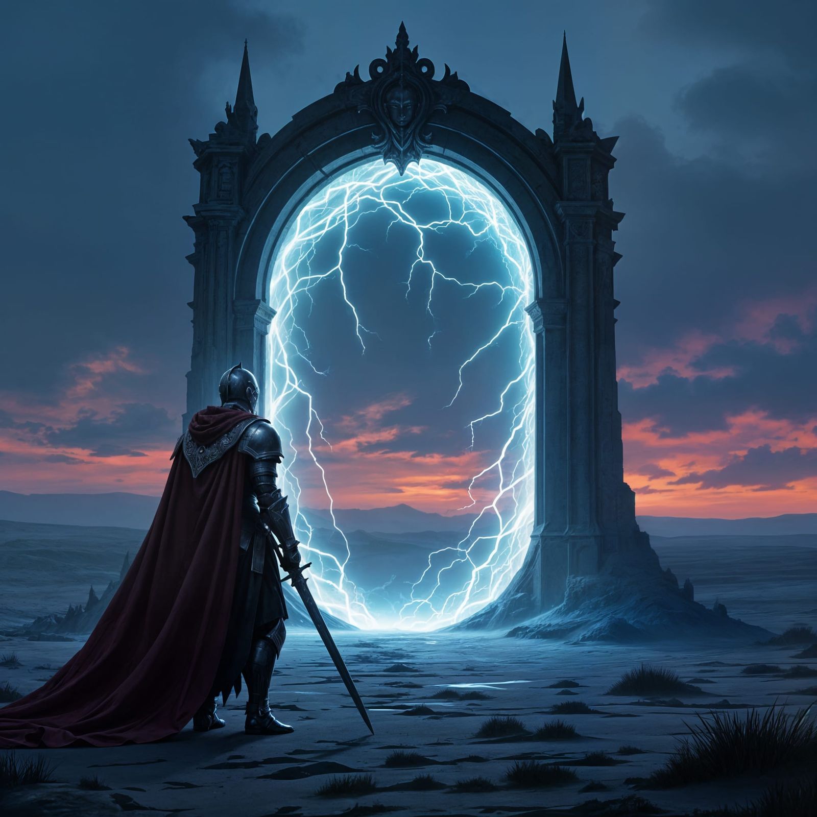 Knight Before Arcane Portal in Dark Fantasy Style